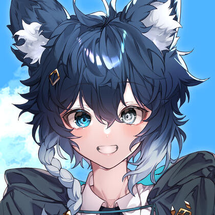 A vibrant illustration of Sweevee with dark blue, tousled hair fading to white at the tips. They have fluffy sugar glider ears, and mismatched eyes— their right eye blue and left eye grey-white.